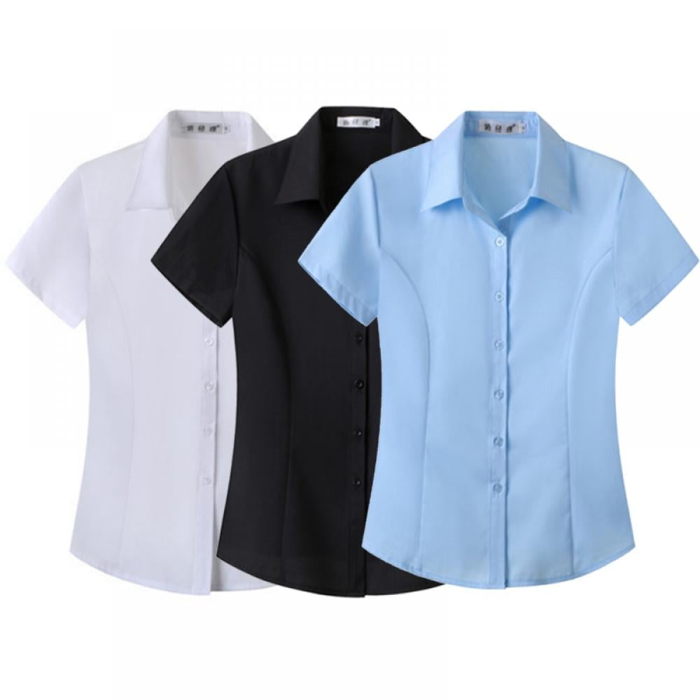 3 Pack Womens Short Sleeve Button Down Shirts Stretch Basic Work