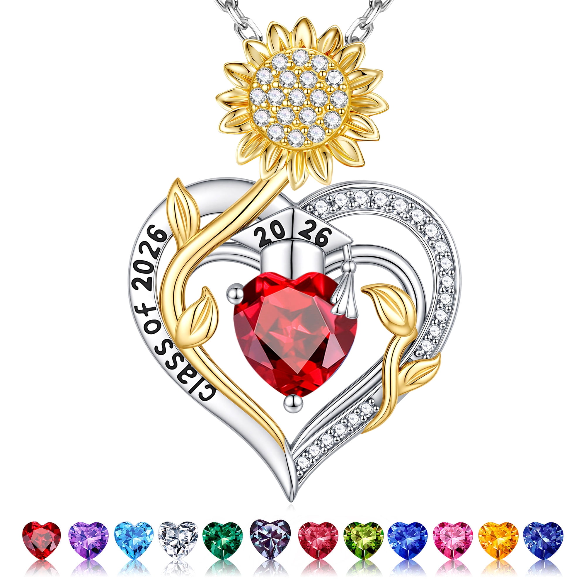 Iefil S925 Sterling Silver Sunflower Birthstone Necklace for Women, Dainty Heart Pendant Necklace, Graduation Gifts 2026, Fine Jewelry