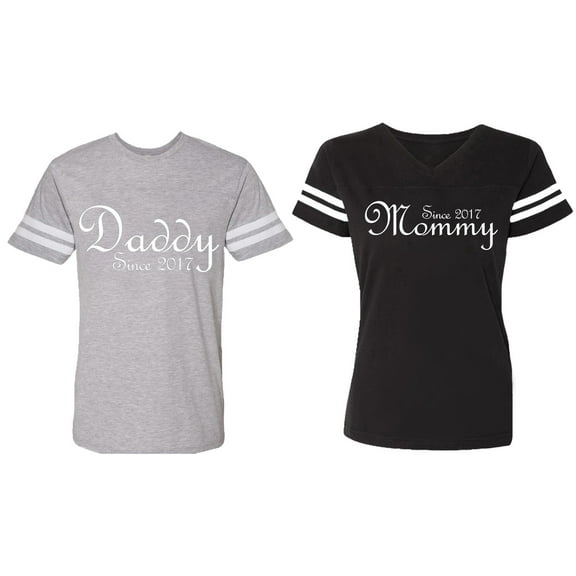 Daddy Mommy Since 2017 Matching Couple Cotton Jerseys (Men Heather / Women Black) (Men S / Women S)