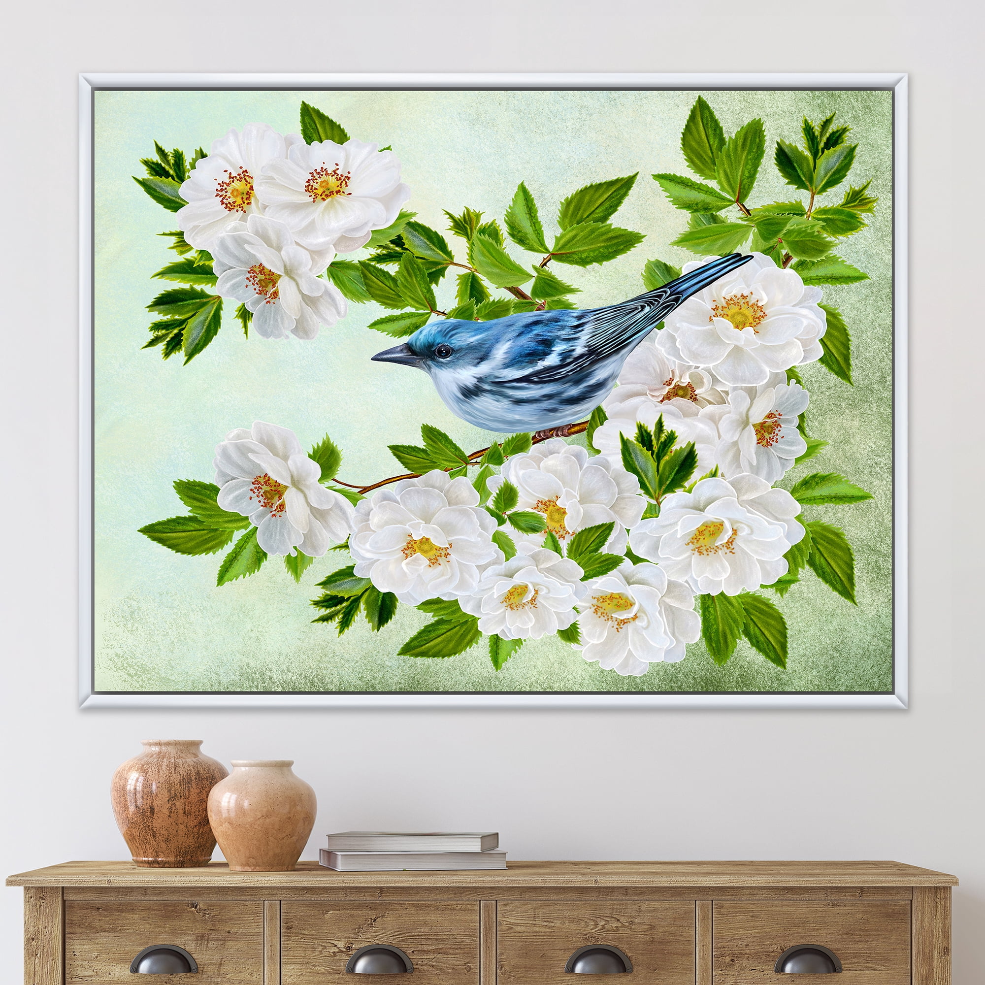 Designart 'Little Blue Bird Sitting On A Branch of White Rose Plant' Traditional Framed Canvas Wall Art Print