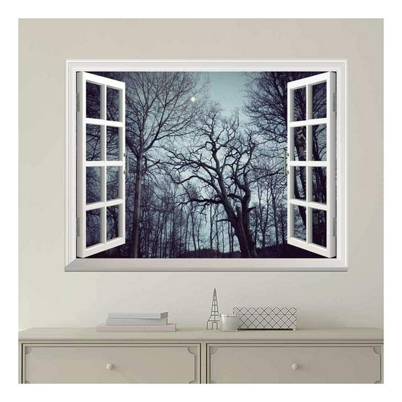 wall26 - Modern White Window Looking Out Into a Forest with Trees Full of Branches - Wall Mural, Removable Sticker, Home Decor - 24x32 inches