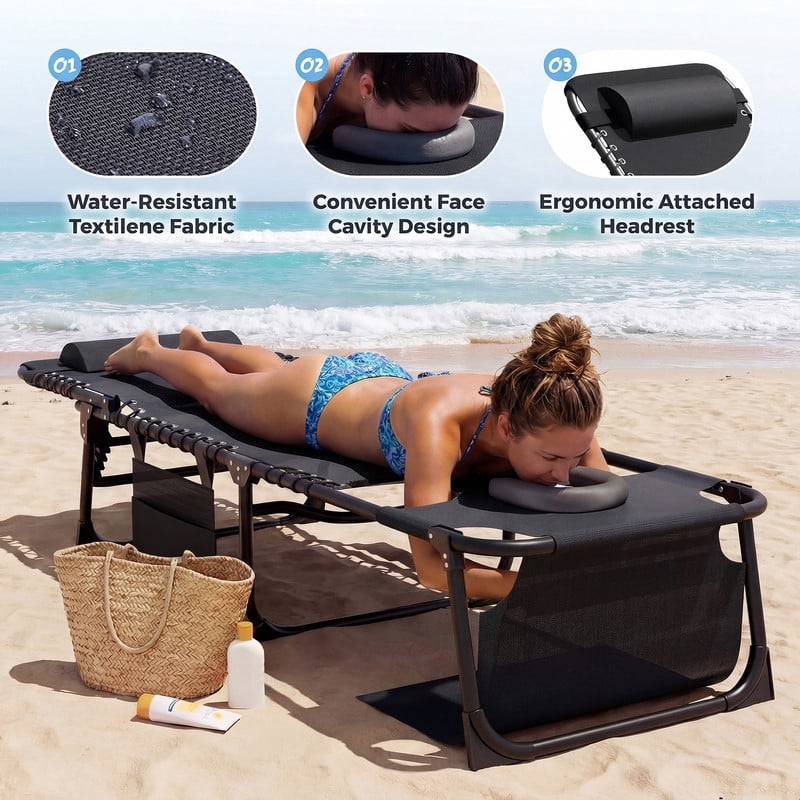 Lacoo Teslin Foldable Lounge Chair, Outdoor Chaise Lounge with Sauna, 5-Position Adjustable Beach Chair, Black