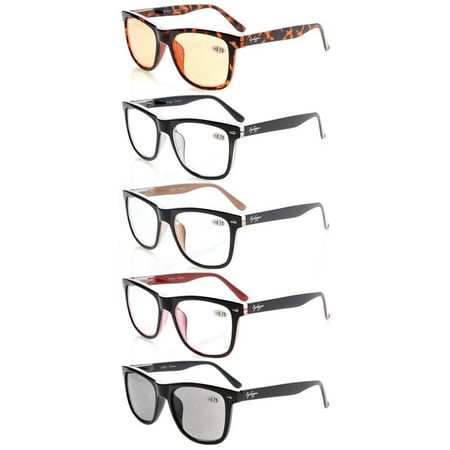 5-Pack Spring Hinges Square Large Lenses Reading Glasses Men Women Include Computer Readers +3.50