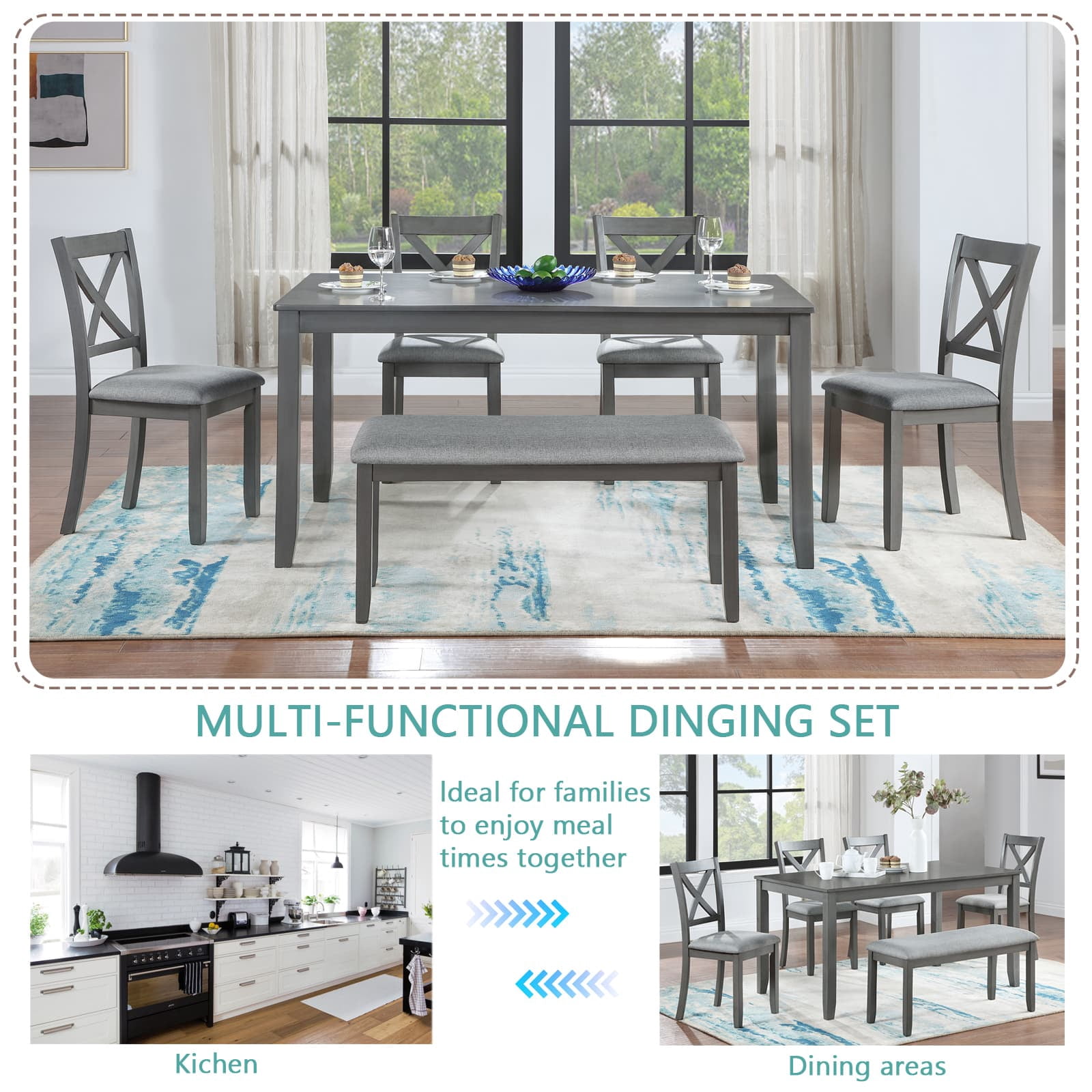 MAYEERTY 6-Piece Kitchen Dining Set Gray Rectangular Wooden Table 4 Upholstered Chairs Bench for 6 People