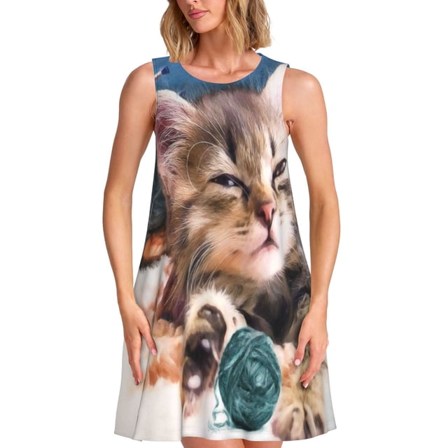Balery Playful Cat Vestidos de verano para mujer con estampado: vestido holgado sin mangas, vestido playero informal y cómodo para días calurosos.