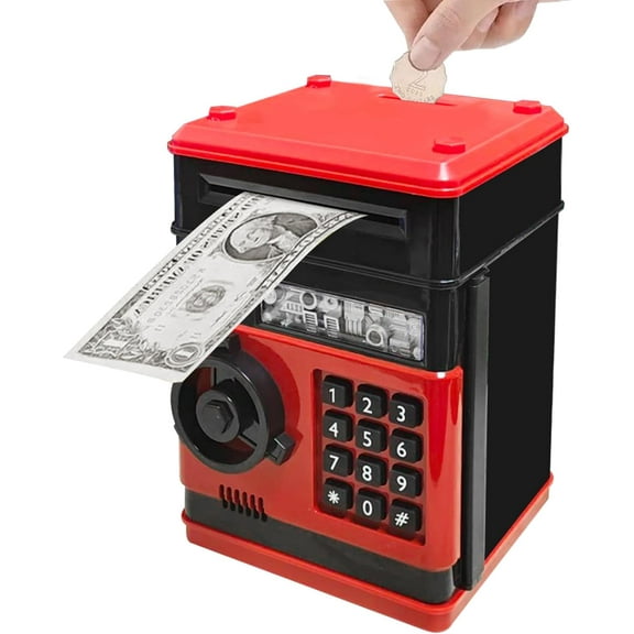 UN Piggy Bank Electronic Mini ATM for Kids Baby Toy, Safe Coin Banks Money Saving Box Password Code Lock for Children,Boys Girls Best Gift (Black Red)