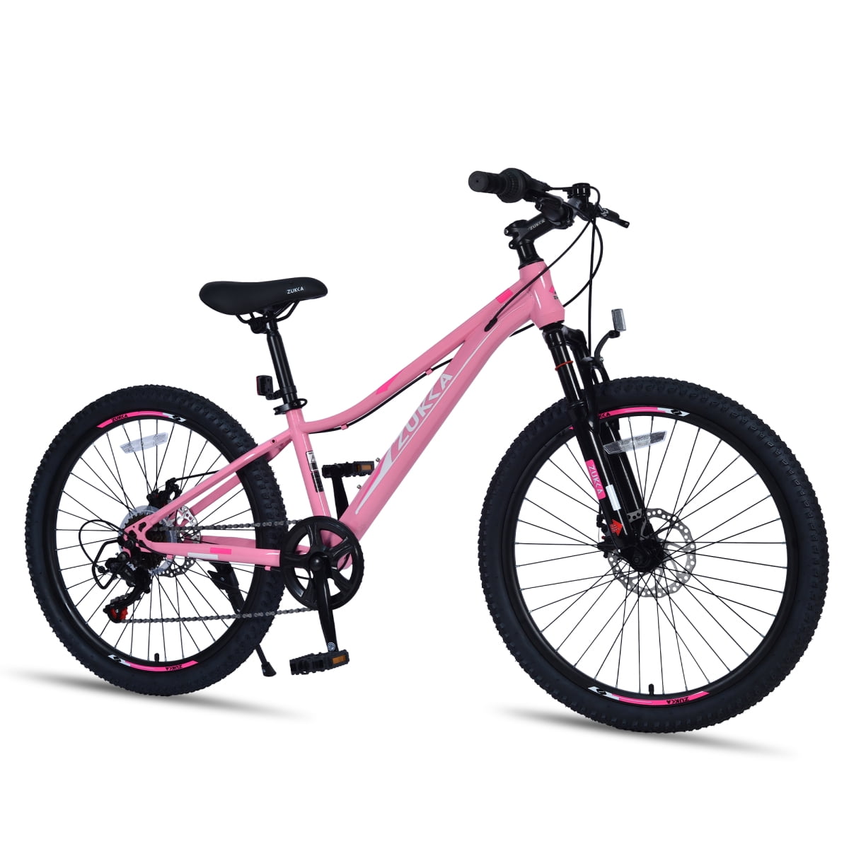 LuckyNote 24 Inch 6-Speed Mountain Bike, Steel Frame, Front & Rear Disc Brakes, Suspension Fork, Pink