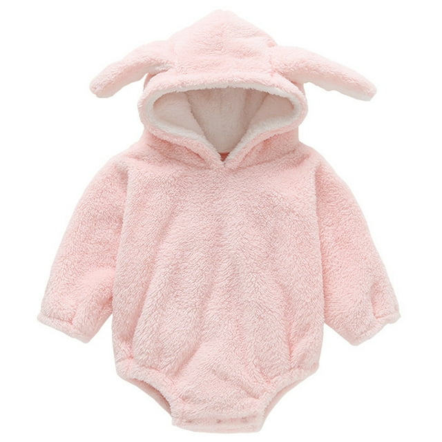 WEIYLL Jumpsuits for Girls Casual Autumn Winter Long Sleeve Rabbit Ears Hooded Solid Color Light Pink Baby Playsuit for 3-6 Months