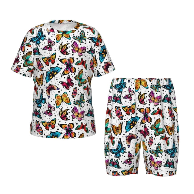 Fotbe Colorful Flying Butterflies Pijama Estampada de 2 Piezas para Niños – Ropa de Dormir de Manga Corta Cómoda para Niños y Niñas, Camiseta y Shorts de Algodón-Medium