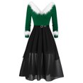 thumbnail image 2 of TaTaai Women's V Neck Long Sleeve Dress Faux Fur Collar Mesh Asymmetrical Hi Lo Hem with Belt Evening Party Gown Fall Winter Gift, 2 of 3