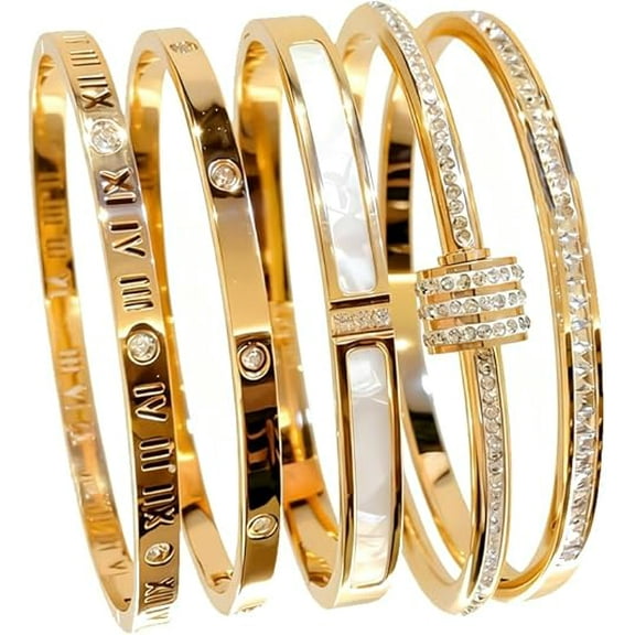 5-Piece Elegant Stainless Steel Bracelet Set, Fashionable Classic Design, Gold Bead Bracelets for Men and Women, Non Tarnish Bangle, Elegant Bracelet Set for Everyday and Formal Wear