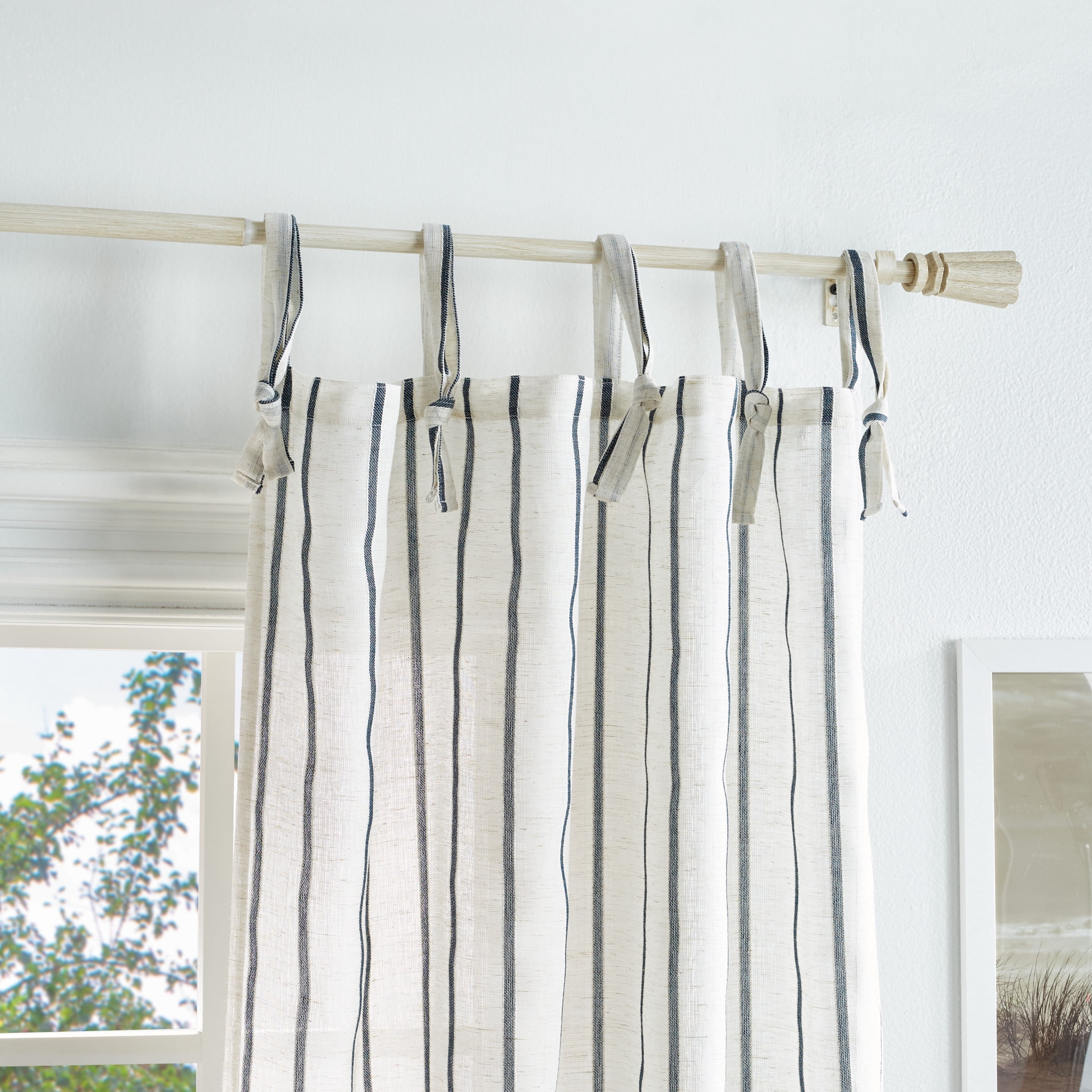 Martha Stewart Laguna Stripe Curtain Panel Pair, Navy, Tie Tab, Semi Sheer, Indoor, Adult, 2 Piece Set, 37"x 95"