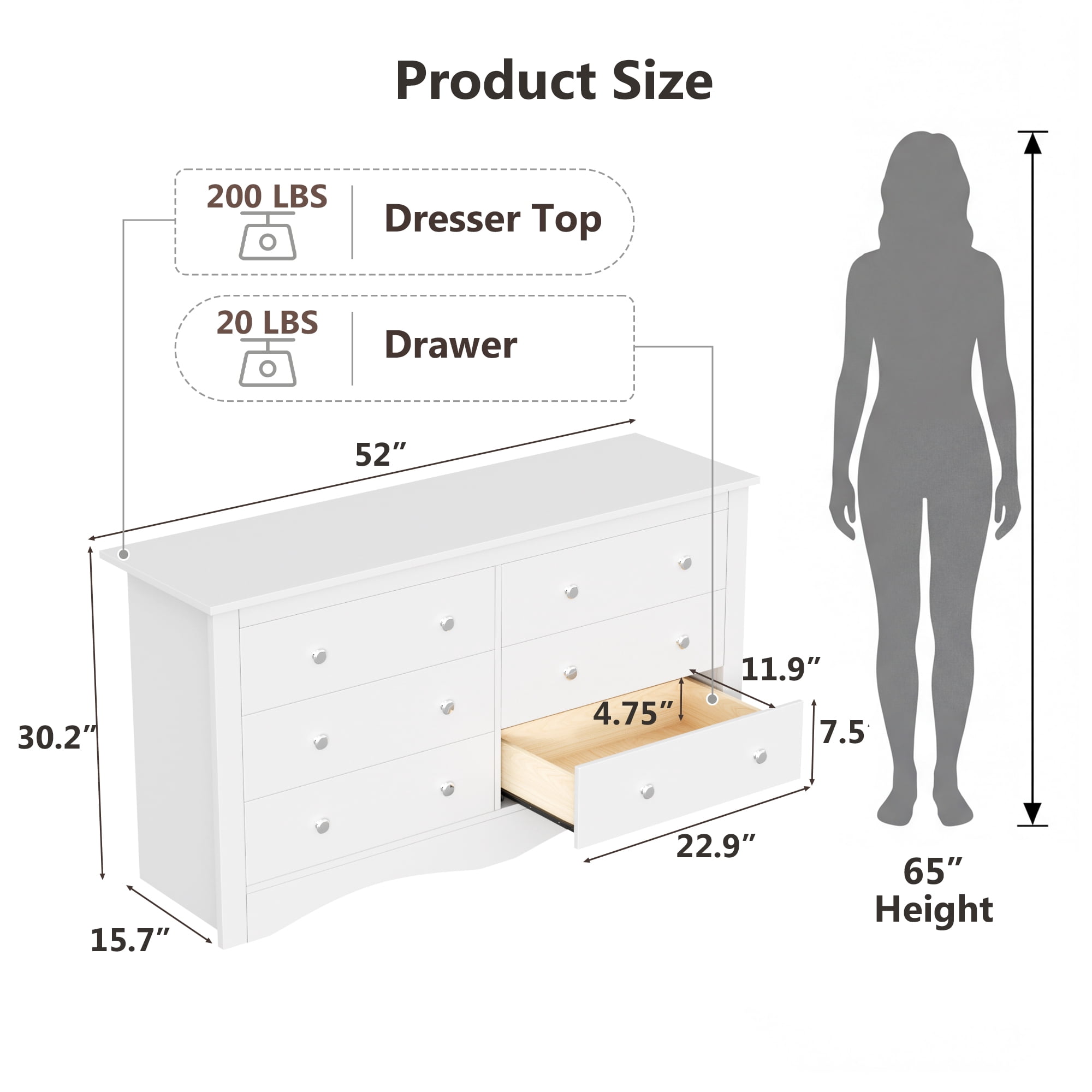 Homall 6 Drawer Dresser for Bedroom, Wood Double Chest of Drawers with Metal Handles, Wide Storage Cabinet Organizer for Living Room, White