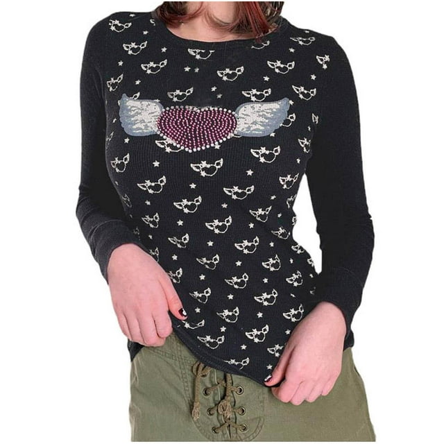Mujeres gótico casual estampado cuello redondo pulóver manga larga blusa delgada camiseta tops Pompotops gfhjh20032