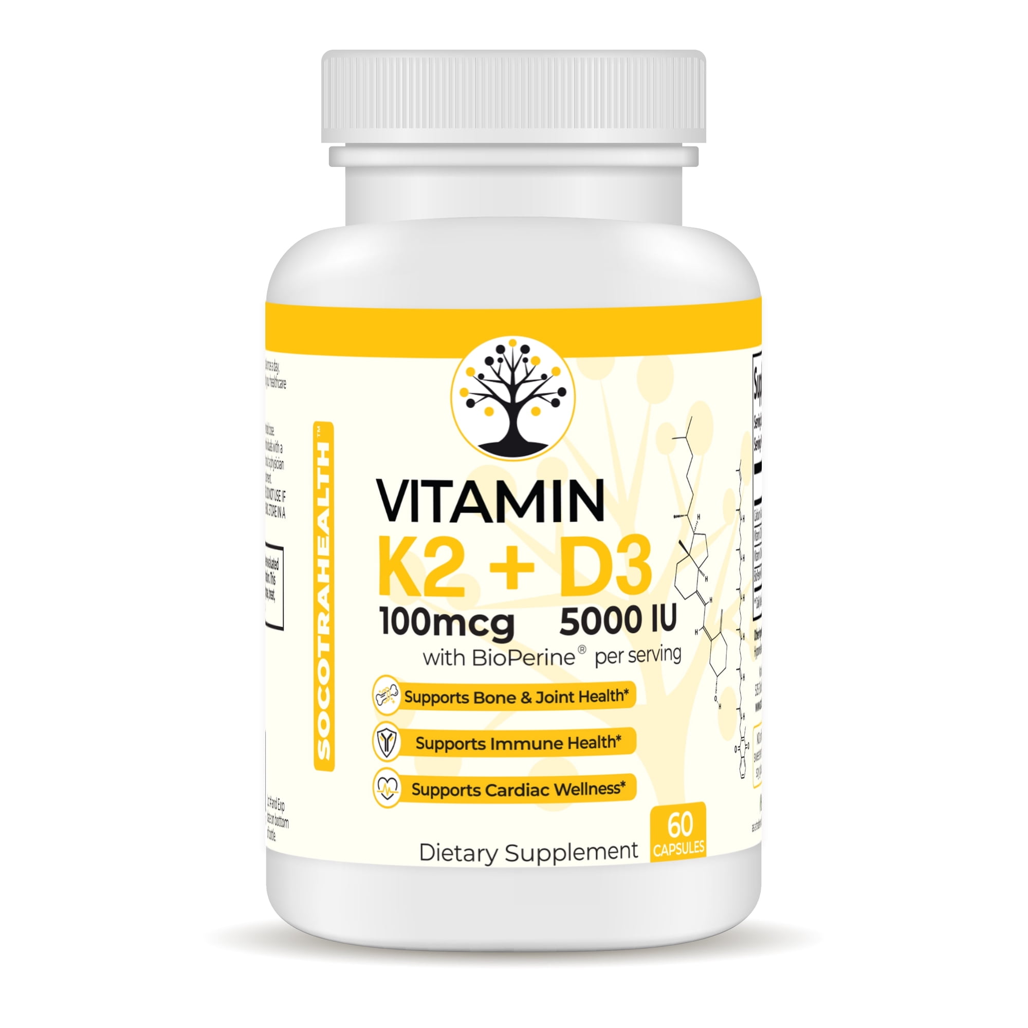 Socotra Health Vitamin D3 K2 Supplement, 5000 IU - Bone and Joint Health, Supports Immune and Cardiac Wellness, High Potency, Gluten Free, 60 Capsules