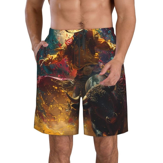 Fotbe Colorful Bull Western Man Trajes de Baño Estampados para Hombre, Shorts de Verano de Secado Rápido, Ropa de Playa, Bañadores-X-Large