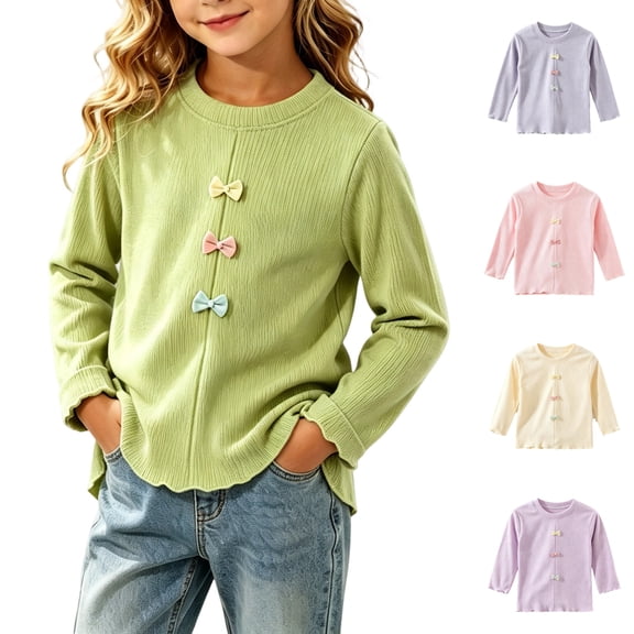 Asxite Girls Bow Tops Crew Neck Long Sleeve Lettuce Cuffs Soft Solid Cotton Fall Winter Tee 9T