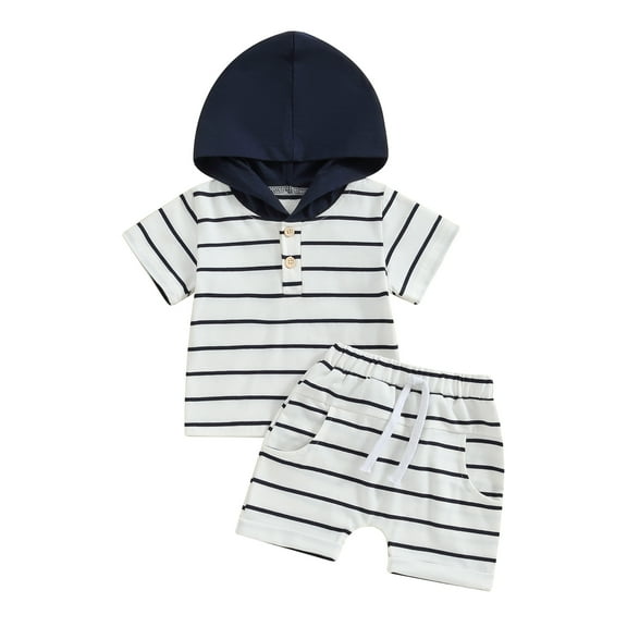 Bagilaanoe 2pcs Toddler Baby Boy Shorts Set Short Sleeve Stripe Hood T Shirt Tops   Shorts 6M 12M 18M 24M 3T Kids Casual Summer Clothes
