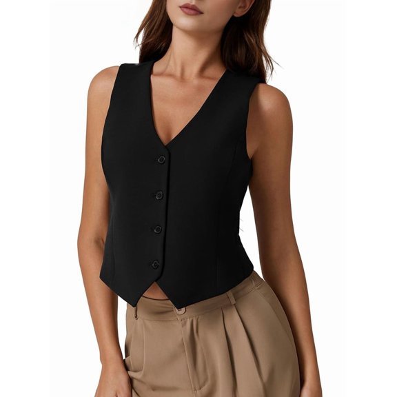 Women's Button Down Vest Tops Knit Neck Sleeveless Business Outfit Top for Casual Black S