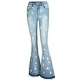 thumbnail image 3 of YDFCWXW Womens Floral Daisy Embroidered Mid Rise Bell Bottom Flare Frayed Hem Jeans Light Blue, 3XL, 3 of 9
