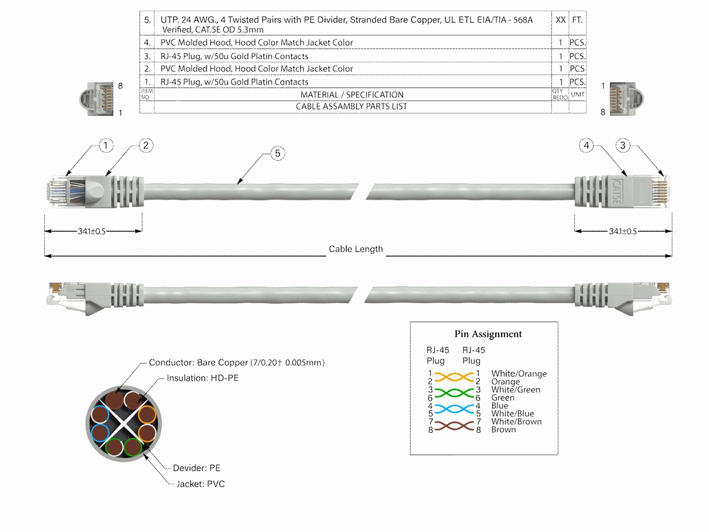 Cable Leader 50ft Cat5e Crossover UTP Ethernet Network Patch Cable Snagless 24AWG Bare Copper, Gray