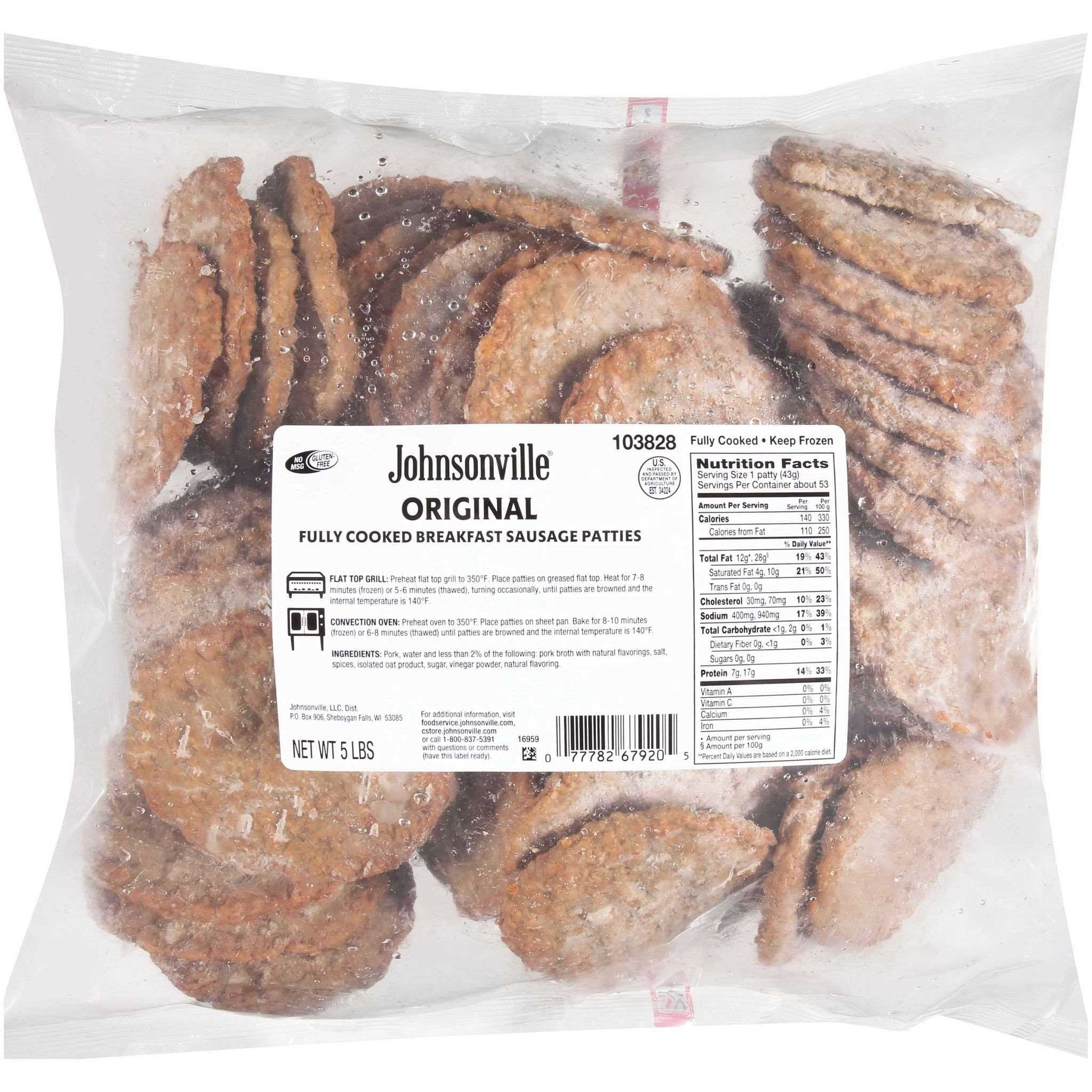 Johnsonville Cooked Original Breakfast Pork Sausage Patties, 5 Pound