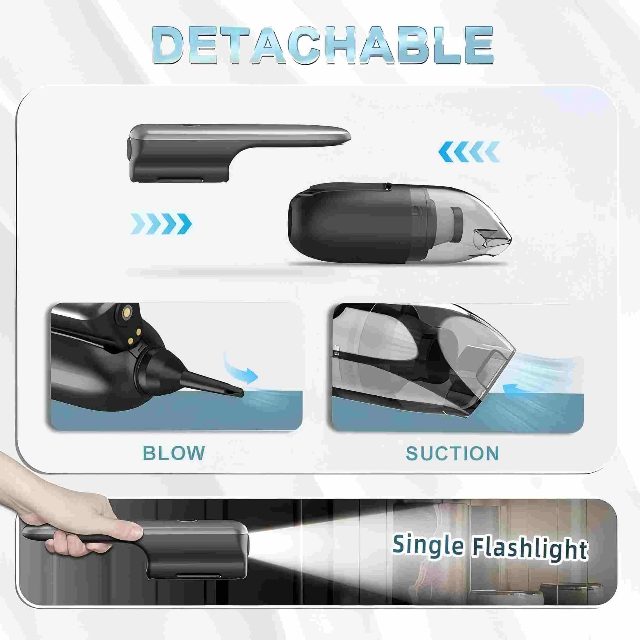ELORTI Portable Car Vacuum Cordless, 10000Pa Powerful Suction Handheld for Pet Hair, Auto Detailing, Home Use with HEPA Filter