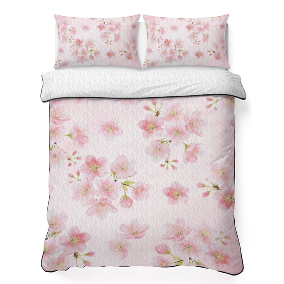 Queen Quilt Set 90''x96'', Pink Floral Lightweight Bedspread Coverlet Set with 2 Pillow Shams, Modern Farmhouse Aesthetic Shabby Chic Flower Breathable All Season Quilt Bedding for Bedroom/Guest Room