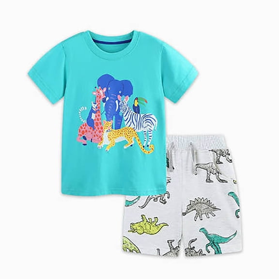 Bysome Boys Outfit Set Animals Print Short Sleeve Crew Neck Shirts With Shorts Outfit Loose Fit Boys Set Size 1-2 Years Sky Blue