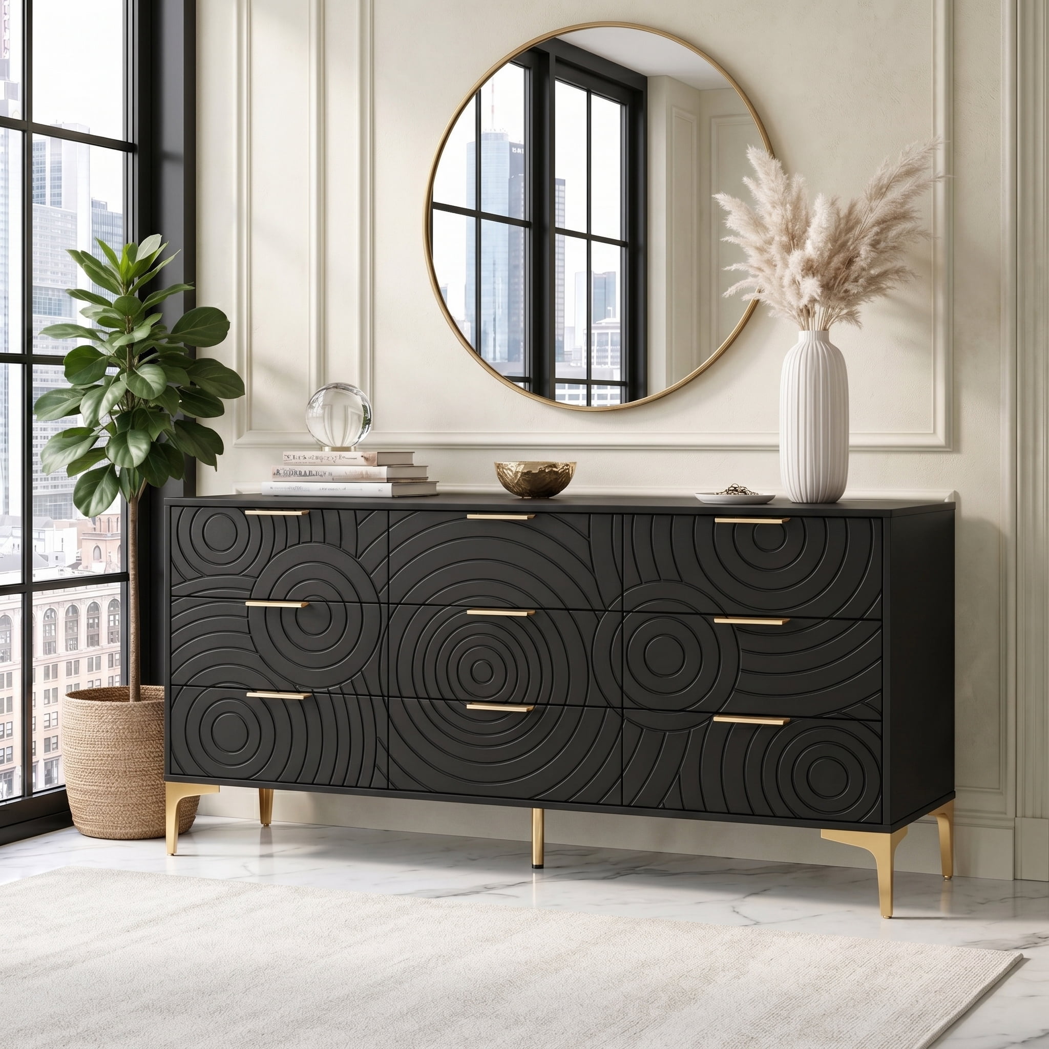 AISWORD 9 Drawer Dresser, Modern Wooden Dresser Chest with Metal Handles, Large Storage for Bedroom, Black