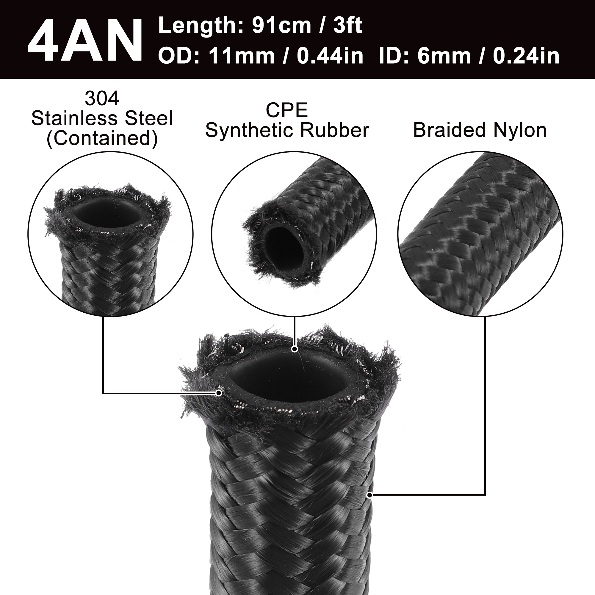 Unique Bargains Nylon Stainless Steel 3ft 4AN Fuel Hose AN4 Universal Car Braided Black