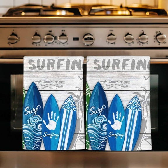 Rustic Beach Kitchen Towels Set of 2, Tropical Surfboard Palm Tree Wooden Grain Absorbent Dish Towels for Kitchen, Microfiber Hand Towel, Quick Drying Tea Towel for Cleaning Decorative Dishcloths
