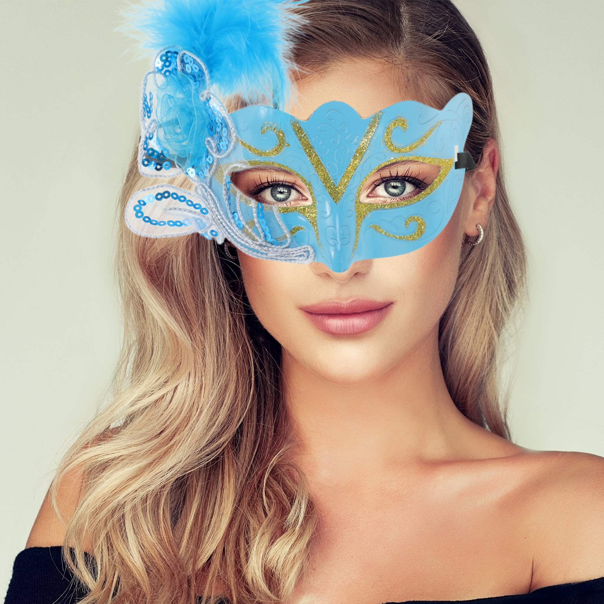 Unique Bargains 1 Pack Dancing Queen Feather Half Face Party Mask Blue