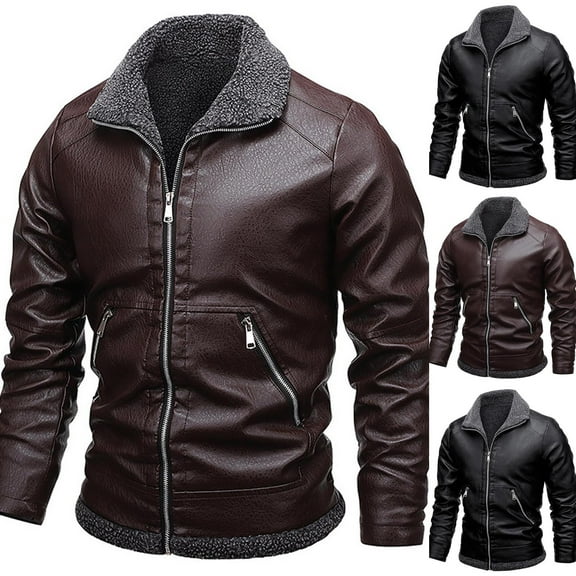 FRSASU Mens Solid Color Leather Jacket with Wool Collar– Fashionable Casual PU Leather Jacket Coffee