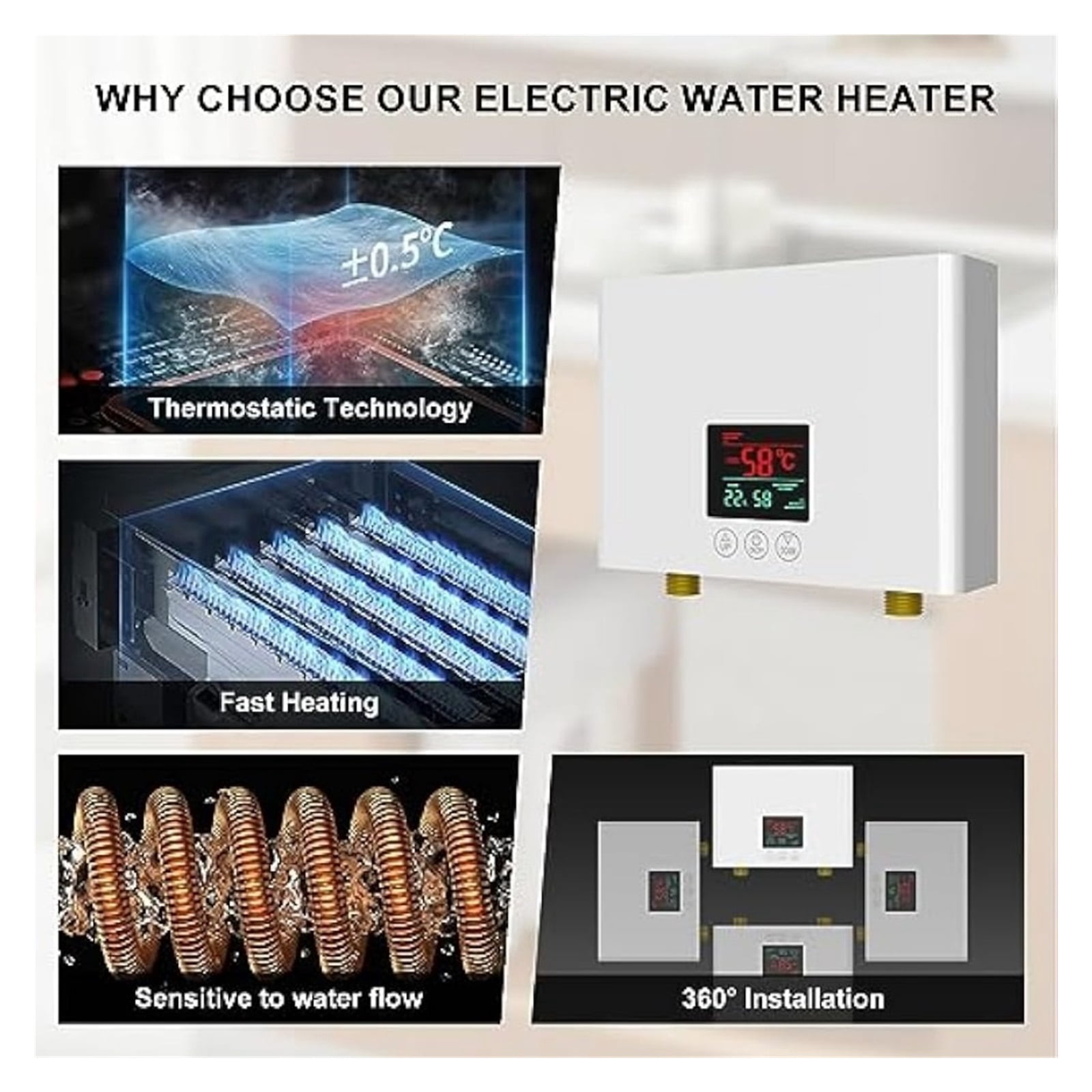 Electric Tankless Water Heater 3000W With Remote And LED Display - Automatic Control System - Fault Self-Test Function ,Safety Protections