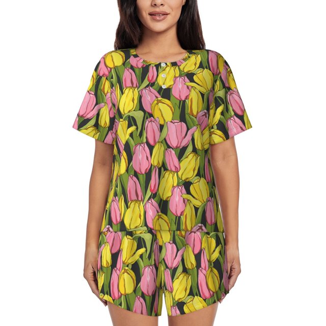 Xecao Tulips Flowers Pattern Women's Short Sleeve Pajama Set Soft Sleepwear Lounge Set with Button Front Top and Drawstring Shorts with Pockets-X-Large