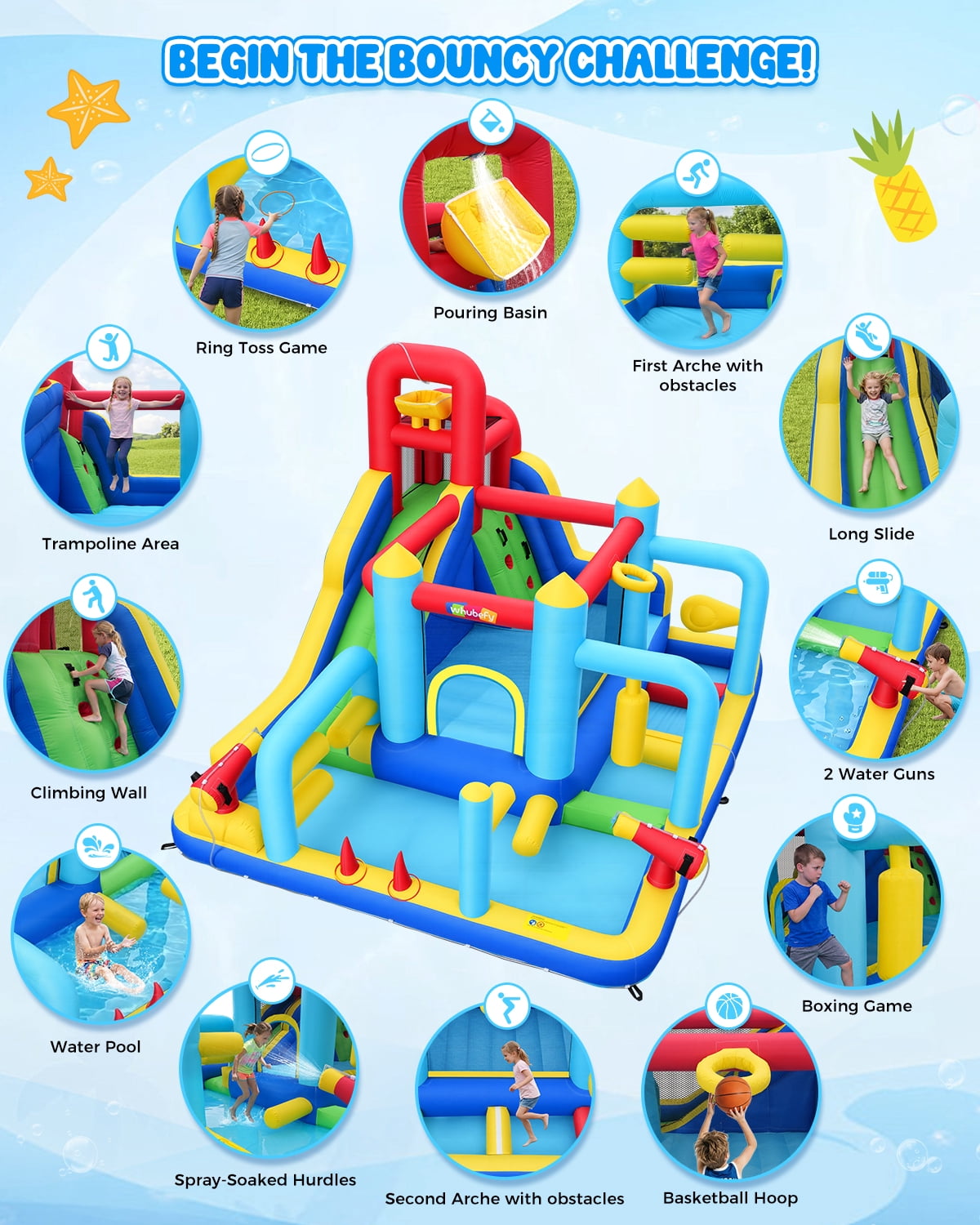 Adnoom Inflatable Water Slide w/550W Blower,Obstacle Bouncy House for Kids 3~10, Wet&Dry Backyard Bounce House w/Jumping Area,Pool,Slide,Climbing Wall,Water Gun, Basketball Hoop