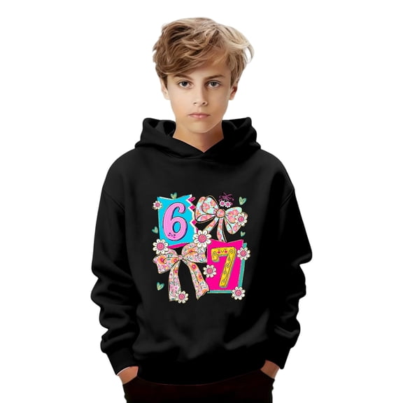 XAOFW Girls' Hoodies Sweatshirts Cute 67 Number Bow Casual Pullover Everyday Wear Fashionable Hoodie Long Sleeve Hooded Sweatshirt Soft Breathable Holiday Vacation Top