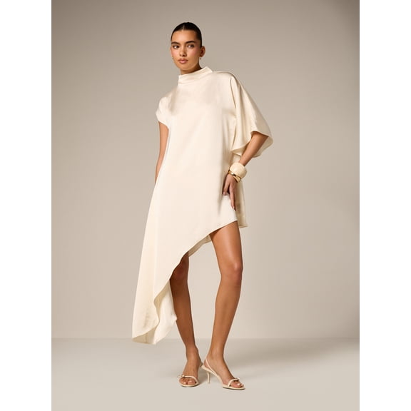 Beige Asymmetrical Drape Mini Dress With High Mock Neck And Short Sleeves Elegant Evening Guest Wear
