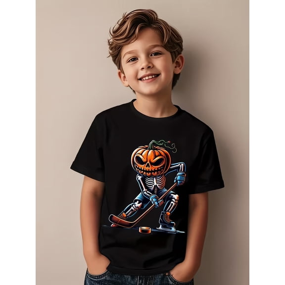 boys halloween ice hockey t shirt and stick design and orange spooky for halloween halloween holiday design short sleeve shirt young fan