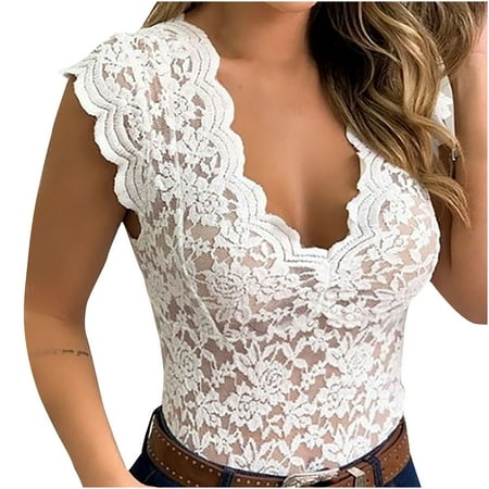 UsYezik Lace Undershirt for Women Camisole Lingerie V Neck Blouses Sexy Tube Tank Top Slim Basic Sleeveless Going out Tops Shirts Gifts for Older Women White M