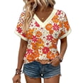 thumbnail image 5 of Inverlee Women's Floral Print Summer Tees V Neck Short Sleeve Bohemian Trendy Tops Holiday Casual Loose Fit Soft Tshirts Orange L, 5 of 7