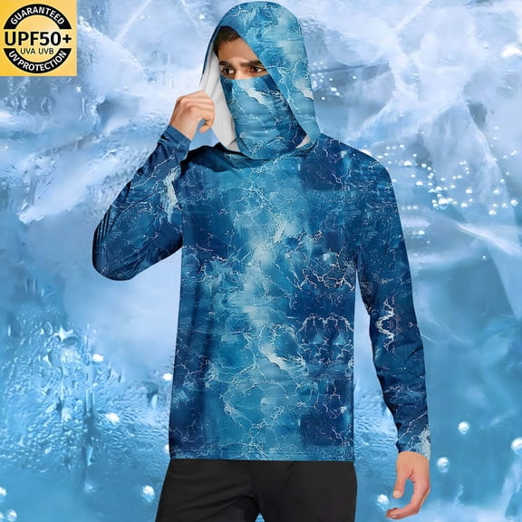 Qgtaibl Mens Camo Sun Shirt M Quick Dry Breathable UV Protection Hoodie UPF 50 Long Sleeve Outdoor Walking Hiking Tops (Blue)