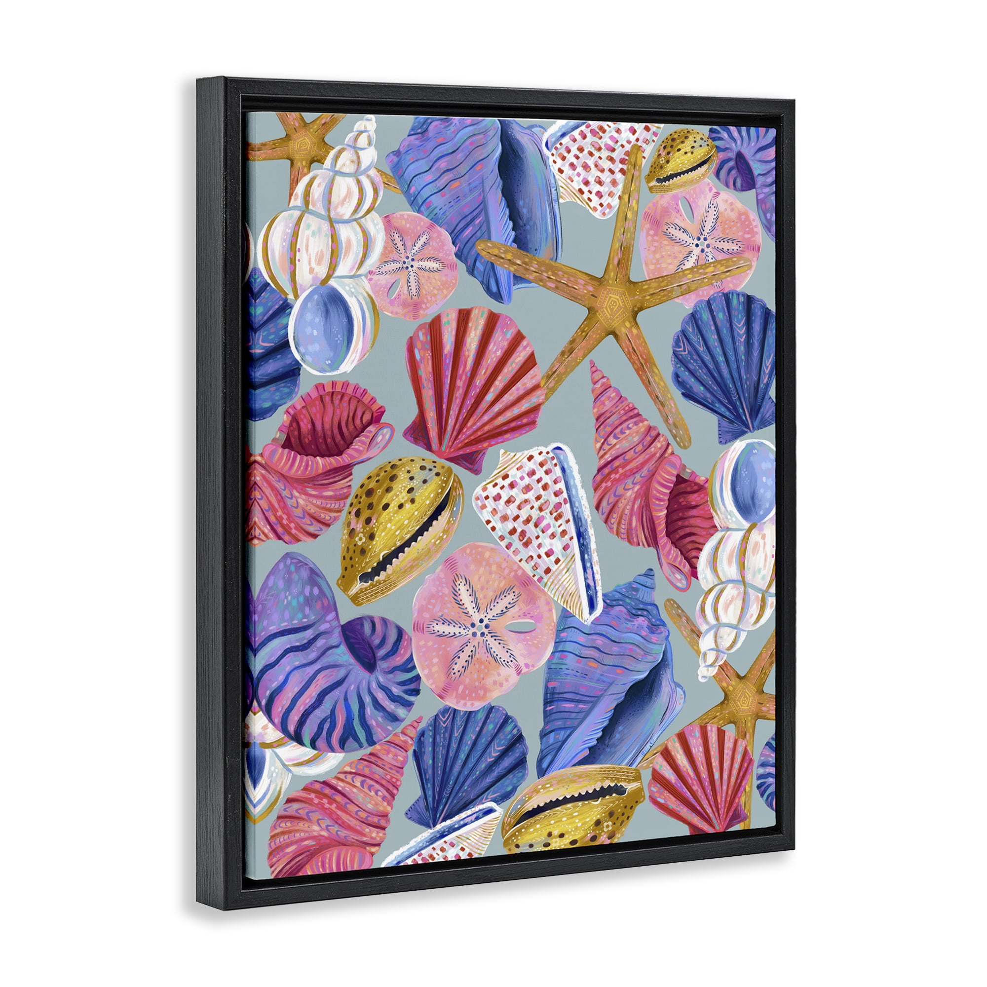 Stupell Industries Bright Seashells Assortment Nautical & Beach Painting Black Floater Framed Canvas Art Print Wall Art, 17 x 21