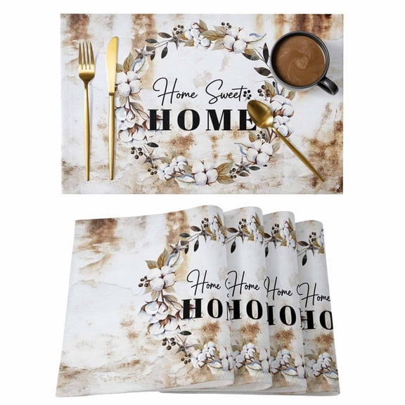Home Sweet Placemats Set of 8, Wreath Botanical Farmhouse Plants Gradient Brown Placemats for Dining Table, Place Mats for Kitchen Tabletop, Waterproof Wipeable Dining Table Mats Set