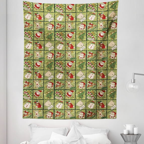 Christmas Tapestry, Cartoon Santa Claus Trees Teddy Bears Candies Sketchy Design Print, Fabric Wall Hanging Decor for Bedroom Living Room Dorm, 5 Sizes, Olive Green White, by Ambesonne
