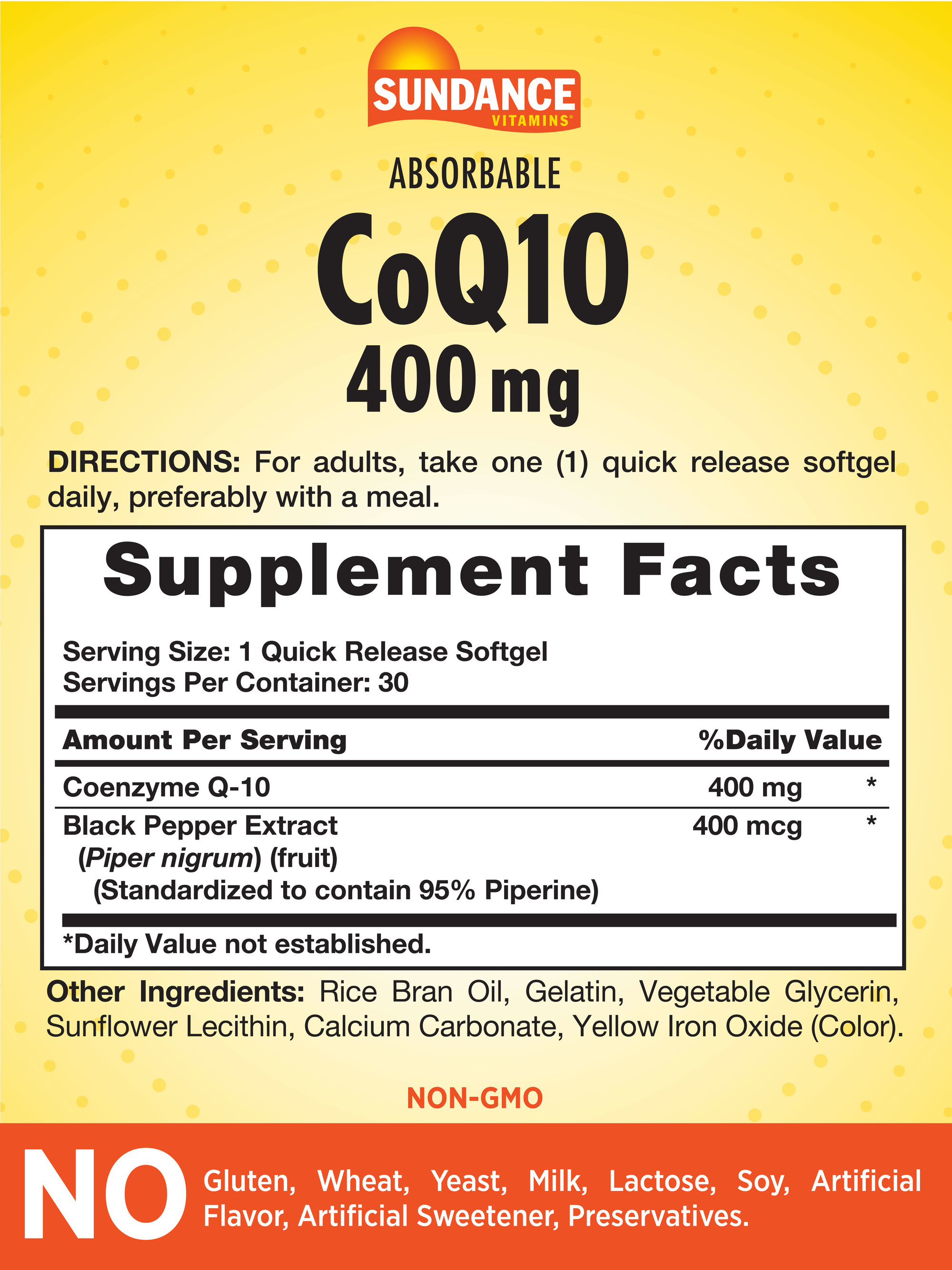 CoQ10 400mg | 30 Quick Release Softgels | With Black Pepper Extract | Non-GMO and Gluten Free Supplement | By Sundance