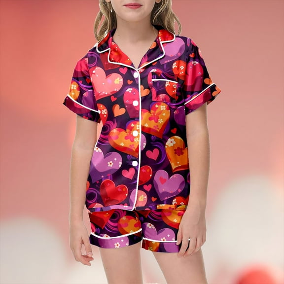 Kids Pajamas for Girls Heart Print Short Sleeve Button Down Top Shorts Girls Summer PJS Clothes for Girls 8-9 Years