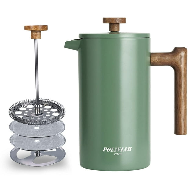POLIVIAR French Press Coffee Maker, 34 oz Coffee Press with Real Wood Handle, Double Wall Insulation & Dual-Filter Screen, Food Grade Stainless Steel for