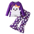 thumbnail image 2 of Bellafa Baby Girl Halloween Outfit Ruffle Long Sleeve Crew Neck Pumpkin Ghost Print Tops Shirt+ Bell Bottoms Toddler Fall Outfits-1PCS, 2 of 10